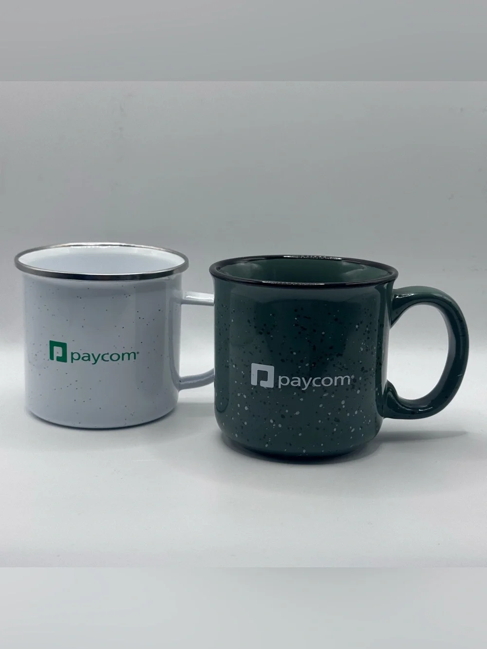 Set Of 2 Speckled Ceramic Campfire Mugs w/‘PAYCOM’ Logo